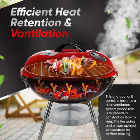 14 Inch Portable Charcoal BBQ Grill With 3 Point Locking Lid For Heat Preservation And Dual Venting System shown with skewers