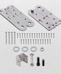 Hidden Bookcase Door Pivot Hinge Kit For Secret Doors With 500 Lb Capacity Heavy Duty Steel Hinges laid out with screws and components