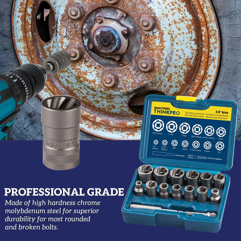 Beefed Up 15 Piece Bolt Extractor Kit For Damaged Stripped Rusted Bolts And Nuts Remover With Impact Socket Set SAE And Metric Sizes CrMo Steel Construction Reverse Spiral Torx Grip shown with corroded wheel bolt removal