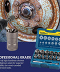 20 Piece Bolt Extractor Kit for Impact Sockets Nut and Bolt Remover Set with drill in use on rusted wheel, case of tools