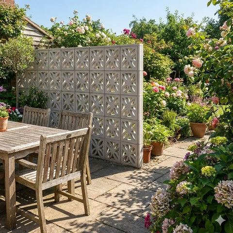 Garden scene with windmill breeze brick concrete molds and forms for wall decoration DIY cement furniture, reusable concrete molds in use.