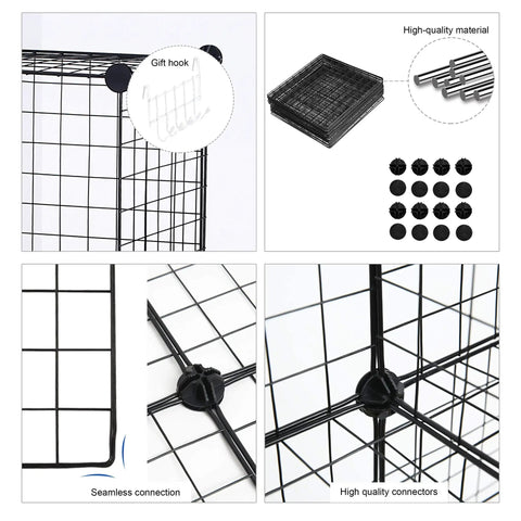 Detailed build of 8 Cube Wire Grid Storage Organizer Dope Modular Shelving System For Living Room And Home Office Durable Metal Grids DIY Closet Cabinet Modular Book Shelf Fits Bins Up To 11.5 By 11.5 Inches Tall Black with connectors and components.