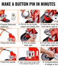 9-step process using 75mm Button Maker Kit With Punch Press For DIY Badges, showing handle pressing and placing materials on machine.
