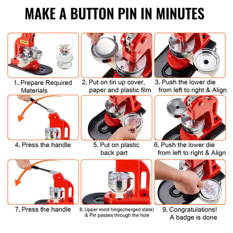 9-step process using 75mm Button Maker Kit With Punch Press For DIY Badges, showing handle pressing and placing materials on machine.