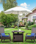 Outdoor Patio Umbrella Table With Two Weight Bags And Umbrella Hole Brown Wicker End Table With Storage in garden setting