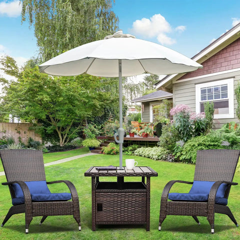 Outdoor Patio Umbrella Table With Two Weight Bags And Umbrella Hole Brown Wicker End Table With Storage in garden setting