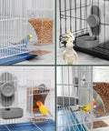 No Drama Spill Proof Bird Water Dispenser And Easy Fill Feeder Tray For Parrot Cages, showing bird bowl and feeder in use.