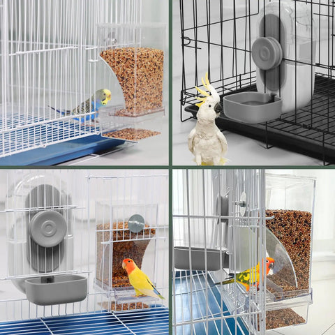 No Drama Spill Proof Bird Water Dispenser And Easy Fill Feeder Tray For Parrot Cages, showing bird bowl and feeder in use.