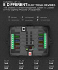 Eight Gang Switch Panel For Cars Trucks Jeeps SUVs Boats And Marine Use with labeled circuit paths and protection features.