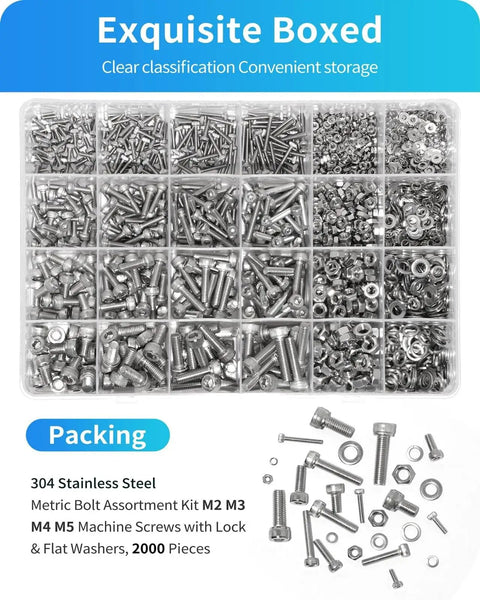 Solid Bad Ass 2000 Piece 304 Stainless Steel Hex Socket Screw Kit M2 M3 M4 M5 Metric Assortment With Nuts Lock Washers Flat Washers Plus Four Allen Wrench Keys For Any Repair Job You Gotta Fix Around House Or Workshop Today, boxed set