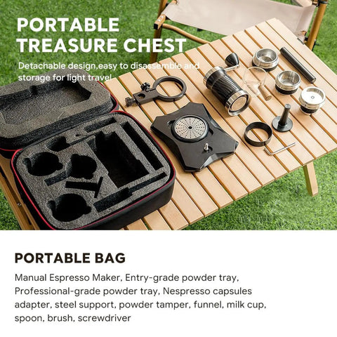 Slick Trail Ready Portable Manual Espresso Maker With Adjustable Temp And Nine Bar Pressure For Straight Up Creamy Lattes On The Go Stainless Steel Hand Pump Coffee Brewing Gear in a portable bag with various accessories.