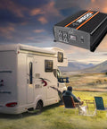 Heavy Duty 5500W Power Inverter 12V to 110V Converter With LCD Display next to RV in scenic outdoor camping setting.