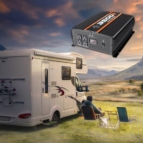 Heavy Duty 5500W Power Inverter 12V to 110V Converter With LCD Display next to RV in scenic outdoor camping setting.