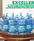 Glass Lazy Susan holding nine 40 lbs water jugs, showcasing weight capacity, demonstrating 26.7 Inch Tempered Glass Lazy Susan For Tabletop Heavy Duty Rotating Serving Tray Spinning Food Server For Dining Table Kitchen Organizer Party Ready Centerpiece 68 Cm Diameter.