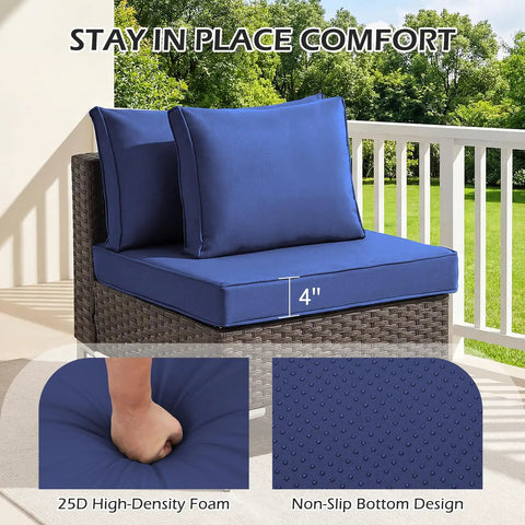 14 Piece Outdoor Patio Cushion Set For 6 Seat Wicker Sectional Sofa Deep 25x25 Inch Replacement Cushions in navy blue, close-up.