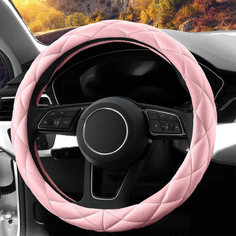 Sweet Baby Pink Steering Wheel Cover Soft Microfiber Leather Universal 15 Inch Thick Quilted Non Slip Pad on steering wheel