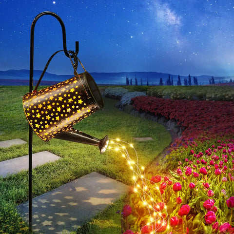 Cool Solar Watering Can With Lights For Outdoor Garden Decor illuminating pathway with starry LED string lights