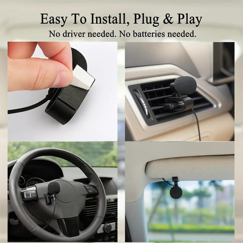 3.5mm Plug Microphone Replacement for DDX DMX DNX DPX KDC KMM Series, shown mounted in car for Bluetooth calling.