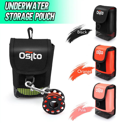 Compact Dive Mesh Gear Bag With Swivel Clip And D Ring, Small Dry Pocket Pouch with finger reel in black, orange, and pink options