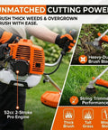 Gas Powered 52cc 2 Stroke Beast Of A Brush Cutter With 3 Tooth Blade And String Trimmer U Handle in use with thick brush