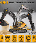 Front view of yellow remote-control excavator toy with black articulated arms on tracks, digging sand.