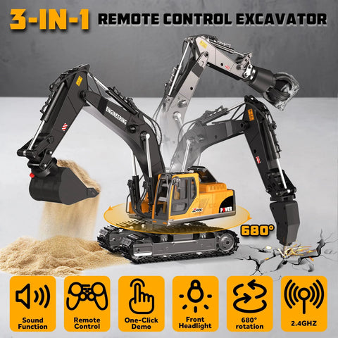 Front view of yellow remote-control excavator toy with black articulated arms on tracks, digging sand.