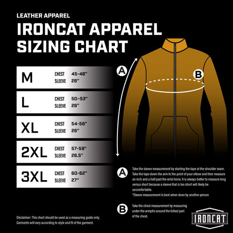 Heavy Duty Cowhide Leather Welding Cape Jacket sizing chart with measurements for M to 3XL for optimal fit during welding tasks.