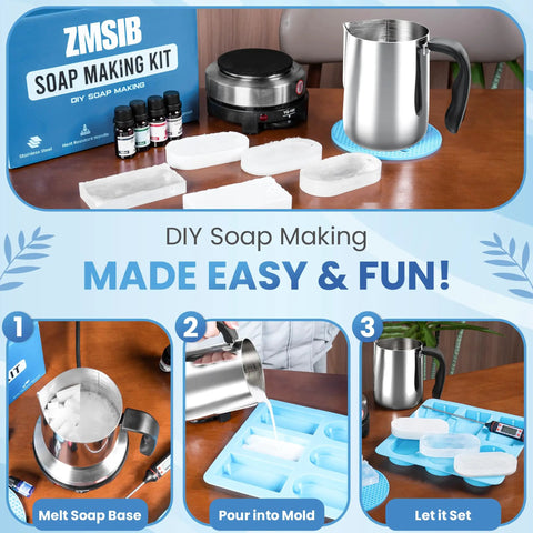 All-In-One Soap Making Kit With 900ml Stainless Steel Pot That Delivers Zero Mess, Drip-Free Melting Pot, 2-In-1 Silicone Molds and DIY Soap Kit
