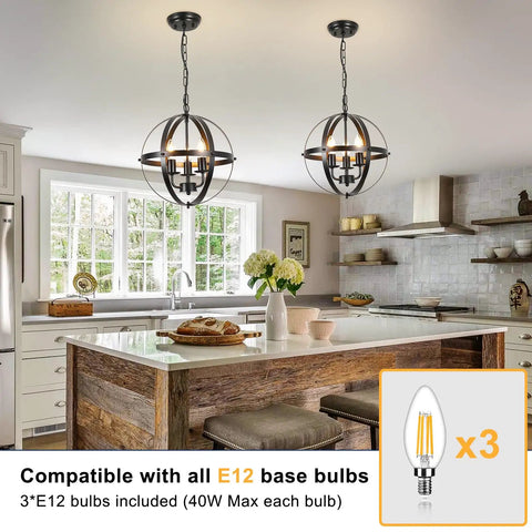 Three Light Vintage Pendant Chandelier In Matte Black With Spherical Shades, Flush Mount Fixture in kitchen setting