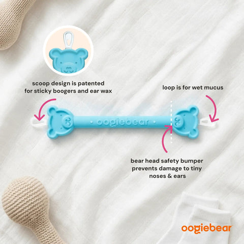Blue baby nose cleaner and ear wax removal tool with bear head safe guard on white background
