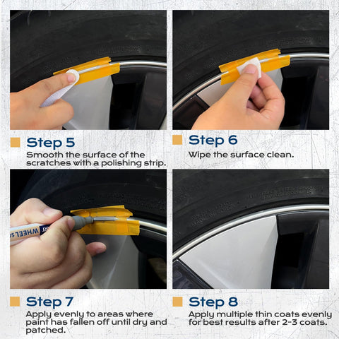 Step-by-step guide showing usage of Wheel Scratch Repair Kit for Cars Rim Touch Up Paint Pen in Silver Curb Rash Repair on wheel scratches.