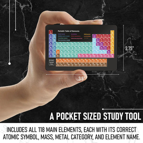 Pocket Metal Periodic Table Card For Chemistry Nerds showing size and elements in a hand, clear lettering for study
