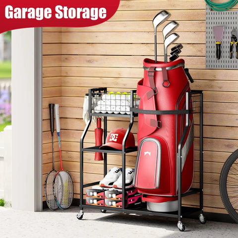 Ultimate Golf Bag Organizer With Wheels High Strength Metal Stand Gotta Keep Your Golf Gear Sorted Four Storage Sections Plus Removable Hooks And Ball Mesh Rack Perfect For Home Garage Or Outdoor Use in a garage setting