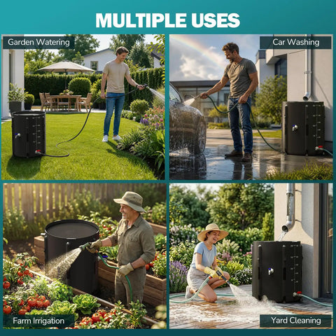 Collapsible 53 Gallon Rain Barrel With Spigot Portable Water Storage Tank used for garden watering, car washing, and yard cleaning.