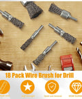 Six Size Drill Wire End Brush Set With Crimped Carbon Steel Wires And One Quarter Inch Shanks Includes 10mm, 12mm, 16mm, 20mm, 25mm And 30mm Diameters For Fast Deburring, Rust Removal, And Surface Prep On Auto, Metal, And Wood Projects displayed on wooden surface with tools.