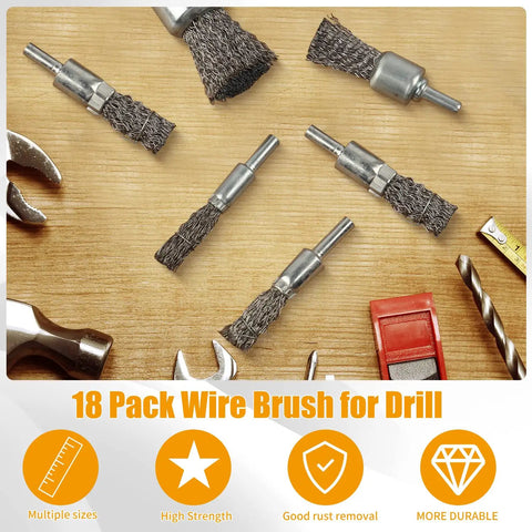 Six Size Drill Wire End Brush Set With Crimped Carbon Steel Wires And One Quarter Inch Shanks Includes 10mm, 12mm, 16mm, 20mm, 25mm And 30mm Diameters For Fast Deburring, Rust Removal, And Surface Prep On Auto, Metal, And Wood Projects displayed on wooden surface with tools.