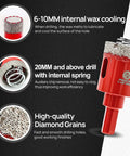 FOCSTOL diamond hole saw kit for porcelain tile, red 13-piece set with 6-65mm cores and bevel/milling/carbide bits.