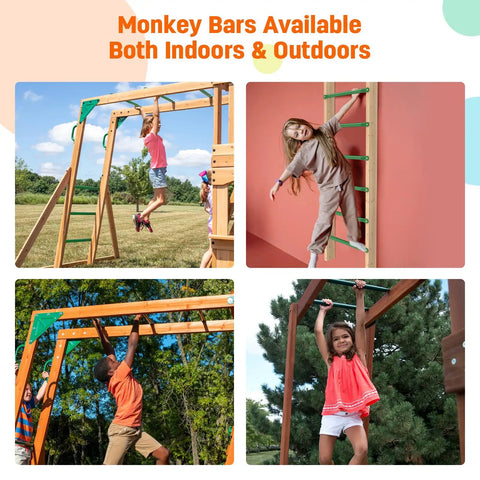 Children playing on 21 Inch Monkey Bars Kit Playground Rungs For Backyard And Indoor Outdoor Use, 12 Pcs Metal Set, Green.