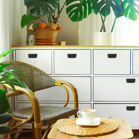Room with white drawers featuring 4 Pack Flush Pull Ring Handles 3 Inch Hidden Recessed Furniture Grips For Cabinets And Doors Aluminum Alloy Matte Black Sleek Low Profile Minimalist Hardware No Visible Screws.