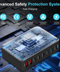 Internal view of GaN 3 USB C Fast Charger Block With Multi Port USB Charging Station 100W PD PPS Dual Ports Plus Four 65W PD PPS And Two 20W QC Fast Chargers For MacBook iPhone iPad And More showing advanced safety systems.