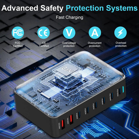 Internal view of GaN 3 USB C Fast Charger Block With Multi Port USB Charging Station 100W PD PPS Dual Ports Plus Four 65W PD PPS And Two 20W QC Fast Chargers For MacBook iPhone iPad And More showing advanced safety systems.