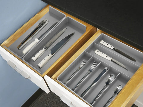 Expandable Kitchen Drawer Flatware Organizer Gray, Adjustable Cutlery Tray With 9 Compartments For Utensils And Silverware installed in drawer