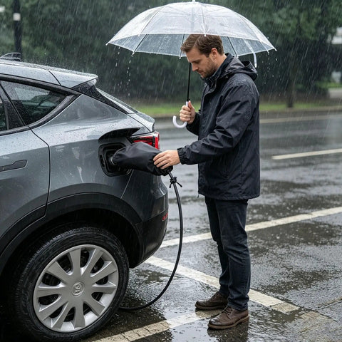 Man using Magnetic EV Port Protector Hella Waterproof Plug Cover on electric vehicle charging port during rain.