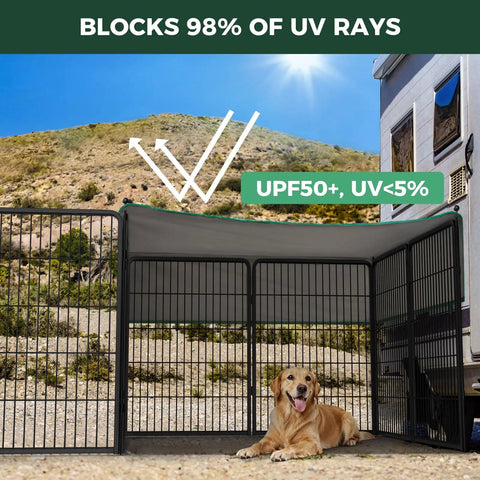 Hassle Free Quick Setup Dog Playpen With Detachable Sun Shade For Road Trips, featuring a golden retriever inside a shaded 40-inch tall enclosure.