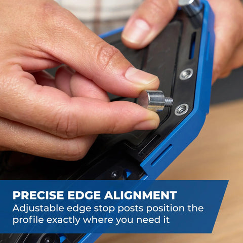 Hand adjusting edge stop posts on Top Shelf Corner Routing Guide System For Handheld Trim Routers And Workbench Tables.