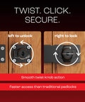 Keyed Twist Knob Hasp Latch Kit with keys and hardware showing left to unlock and right to lock mechanism on wood surface.