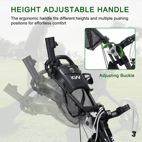 Height adjustable handle of Hardcore Lightweight Foldable Golf Push Cart With Zero Hassle Quick Release Frame.