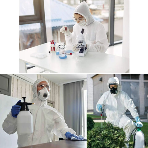 Collage showcasing Pack Of 5 3XL Disposable Protective Coveralls With Hood And Elastic Cuffs in lab and outdoor work settings