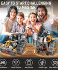 Family playing with 5 In 1 STEM Building Set With LED Lights And App Remote Control Toy Kit, including robot and tank models.