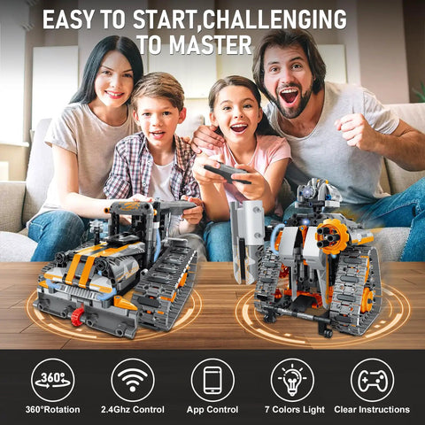 Family playing with 5 In 1 STEM Building Set With LED Lights And App Remote Control Toy Kit, including robot and tank models.